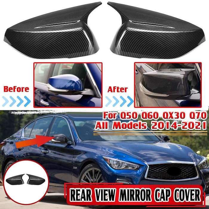 Carbon Fiber Look Horn Style Side Door Rearview Mirror Cover Trim Shells Cap for Q50 Q60 2015-2023 M