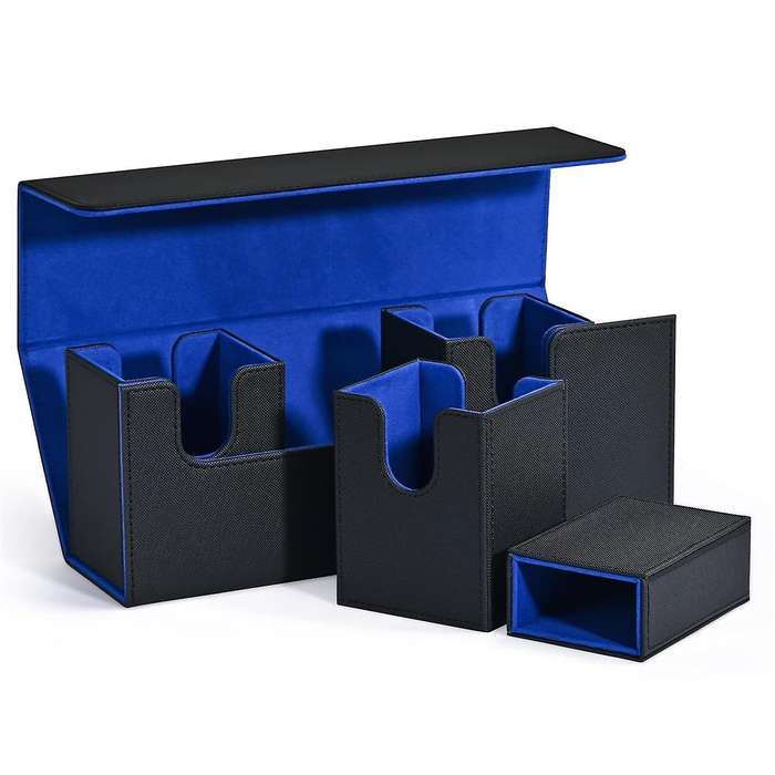 Card Storage Box with Dice Tray, 4 in 1 Card Deck Case Holds 300+ Cards, Magnetic Card Organizer Bla