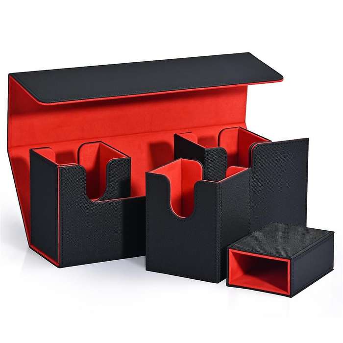 Card Storage Box with Dice Tray, 4 in 1 Card Deck Case Holds 300+ Cards, Magnetic Card Organizer Bla