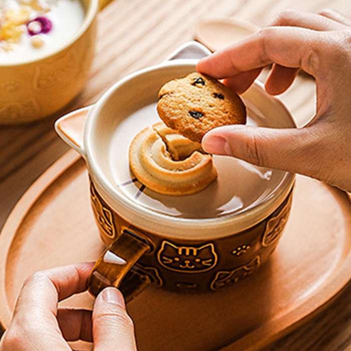 Ceramic Coffee Mugs with Lid Cute Porcelain Cup Family Breakfast Milk Juice Cup Beverage(Yellow)