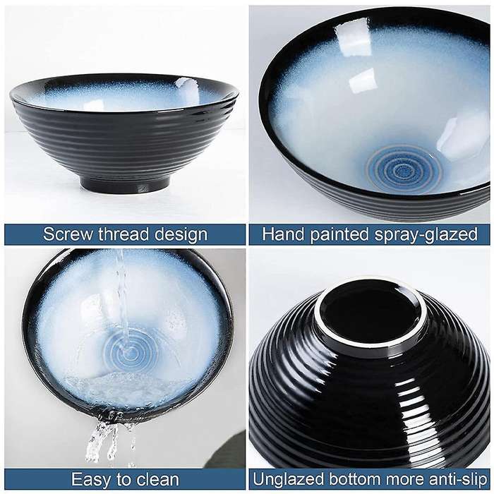 Ceramic Japanese Ramen Bowl Set 8 Inch Pho Noodle Bowl with Spoon and Chopsticks Blue & black