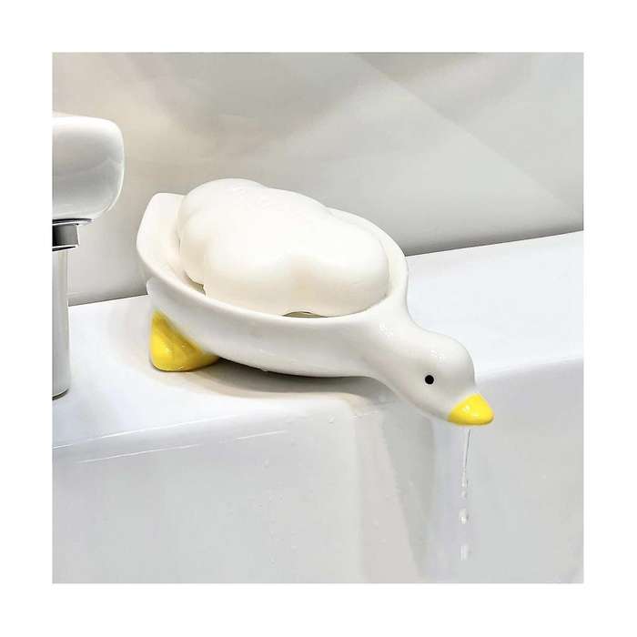 Ceramic Soap Dish with Drain, White Cute Animal Soap Dish for Shower Bathroom, Self Draining Ceramic