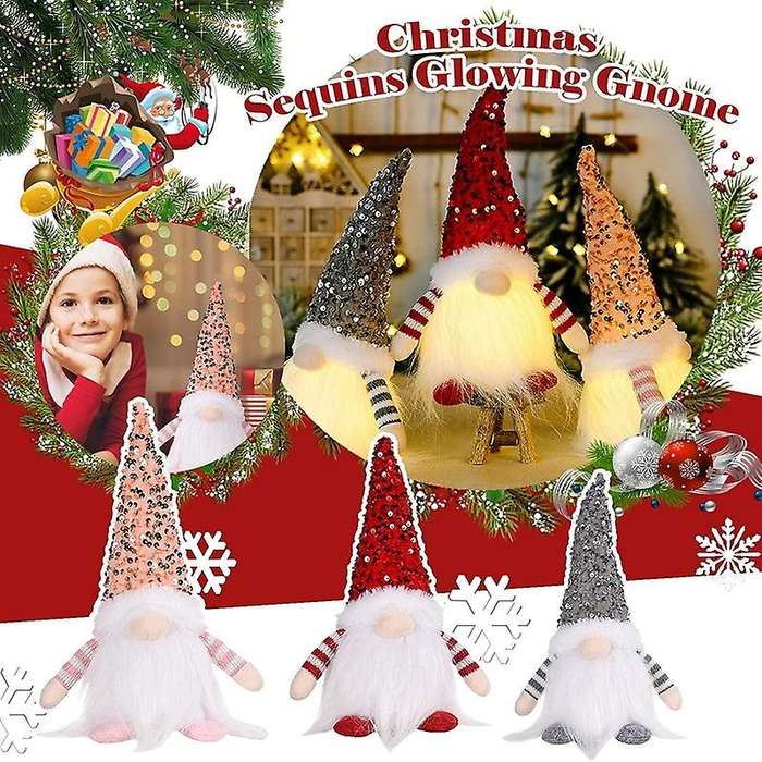 Christmas Gnomes Sequin Cap Rudolph LED Light Santa Doll Handmade Xmas Dwarf Figurines (Pink)