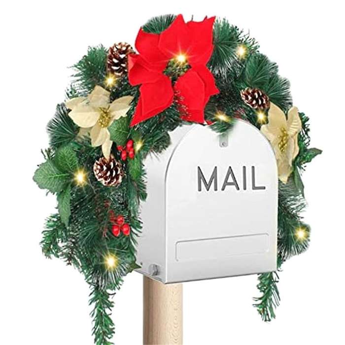 Christmas Mailbox with Lights Berry Red Flowers Clusters Pine Cones, Mailbox Christmas Outdoor, Chri
