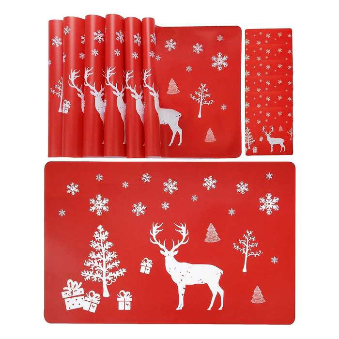 Christmas Placemat Washable Table Place Mat Sets Of 6 Placemat & 6 Cup Mats,, Christmas Tree, Snowfl