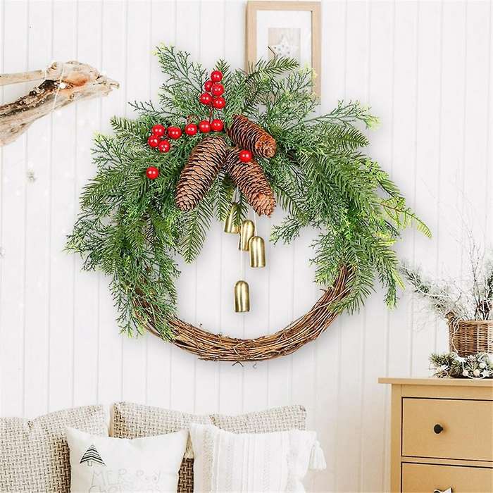 Christmas Pinecone Bell Rattan Wreath Christmas Door Hanging Rustic Wreath Christmas Day Decorations