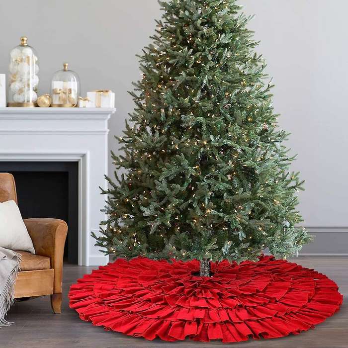Christmas Red Ruffle Tree Skirt, 48 Inches 6-Layer Rustic Farmhouse Tree for Holiday Party Christmas