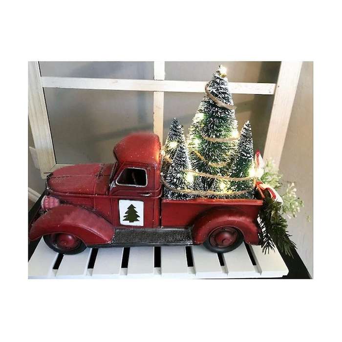 Christmas Red Truck Decor, Farmhouse Resin Truck Planter Lighted Decorations Red Truck with Mini