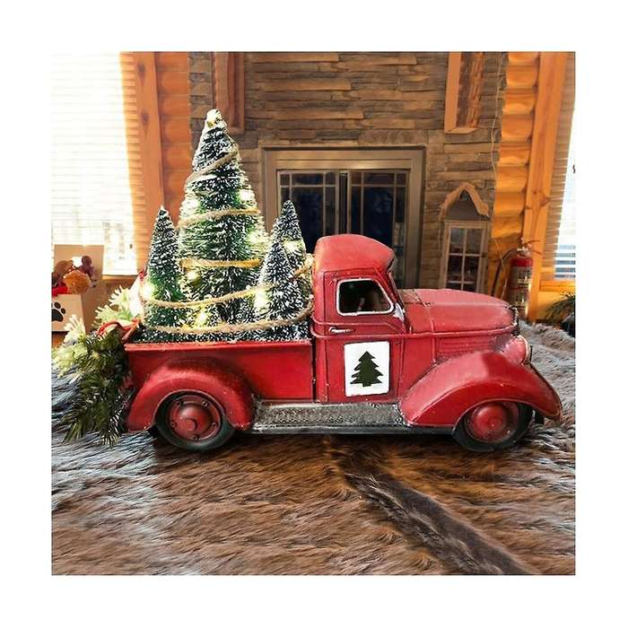 Christmas Red Truck Decor, Farmhouse Resin Truck Planter Lighted Decorations Red Truck with Mini