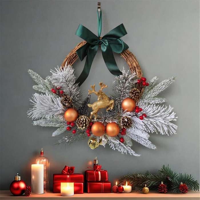 Christmas Reindeer Wreaths for Front Door Artificial Christmas Wreath with Christmas Ball Pinecones