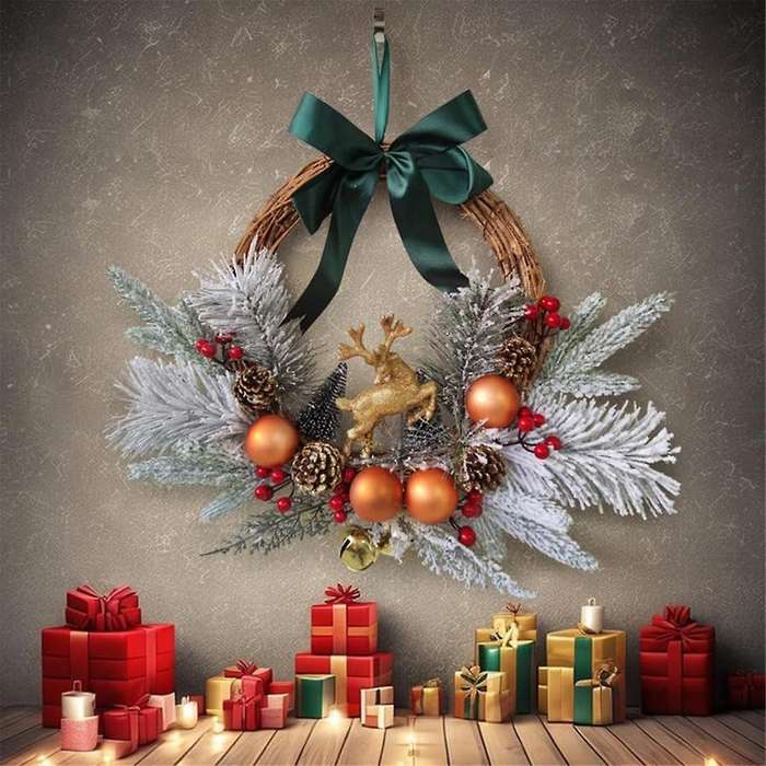 Christmas Reindeer Wreaths for Front Door Artificial Christmas Wreath with Christmas Ball Pinecones