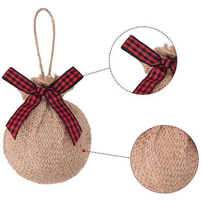 Christmas Tree Ornaments, 12 Pcs 2-1/2 Inches Red Black Check Plaid Stitching Burlap Christmas Decor