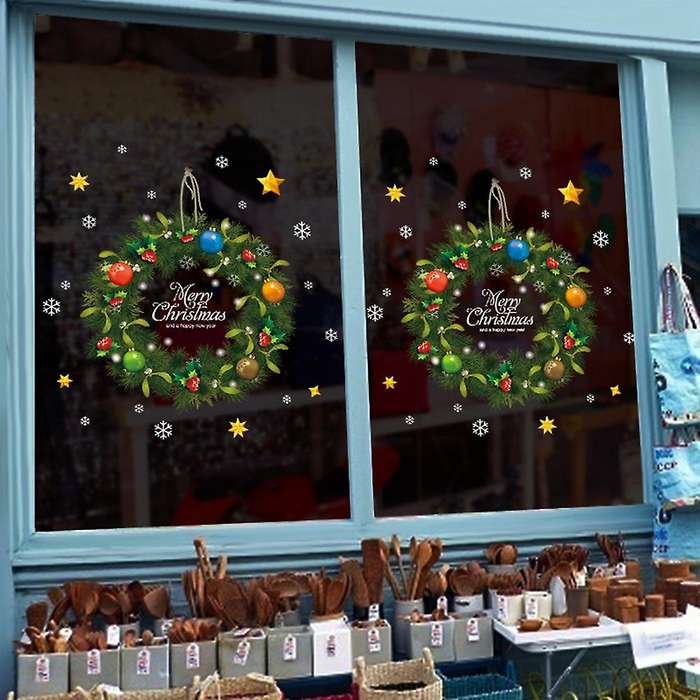 Christmas Wreath Wall Stickers Window Glass Festival Decals Santa Murals New Year Christmas Decorat