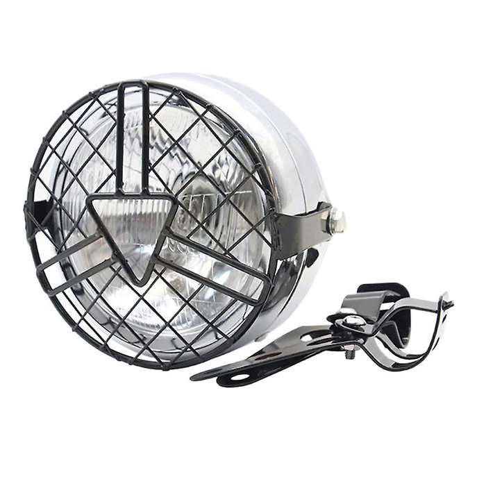 Chrome+Clear 6.5 Inch Retro Motorcycle Headlight Grill Side Mount Cover with Bracket Universal Mesh