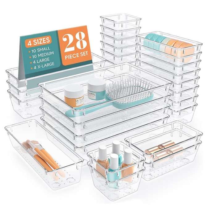 Clear Plastic Drawer Storage Box Set, Desk Drawer Storage Tray, for Cosmetics, Jewelry, Kitchen Uten