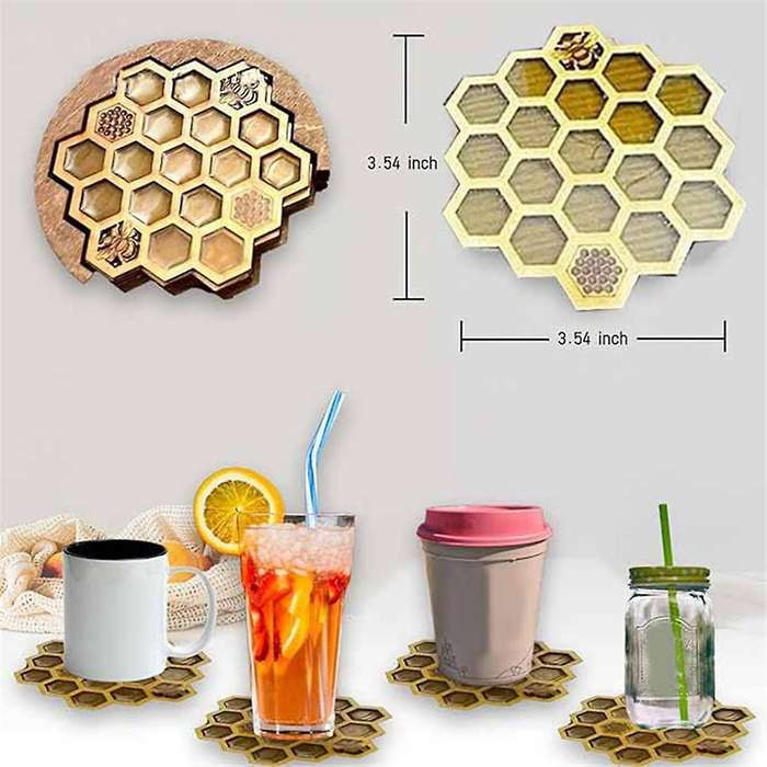 Coasters Set for Drinks with Holder, 4pcs Honeycomb Shaped Drink Coasters, Mug Coaster for Cold/hot