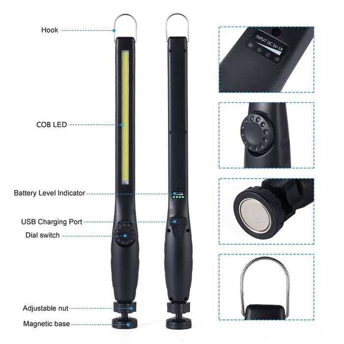Cob Led Flashlight Magnetic Work Light Usb Rechargeable Portable Lantern Inspection Light Camping C