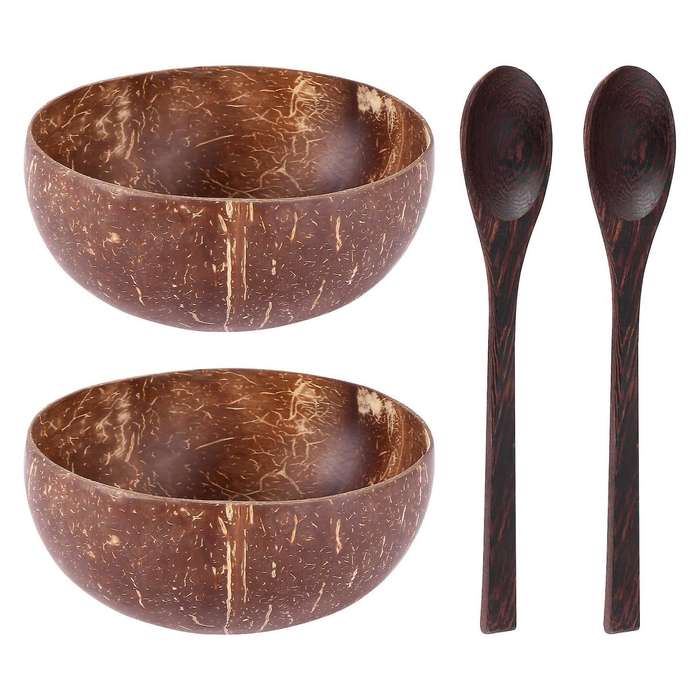 Coconut Bowls and Wooden Spoons for Serving Noodle,Pasta,Smoothie,Porridge,Handicraft Decoration Co