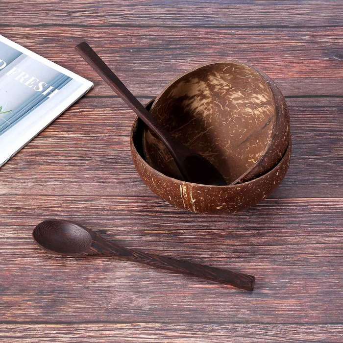 Coconut Bowls and Wooden Spoons for Serving Noodle,Pasta,Smoothie,Porridge,Handicraft Decoration Co