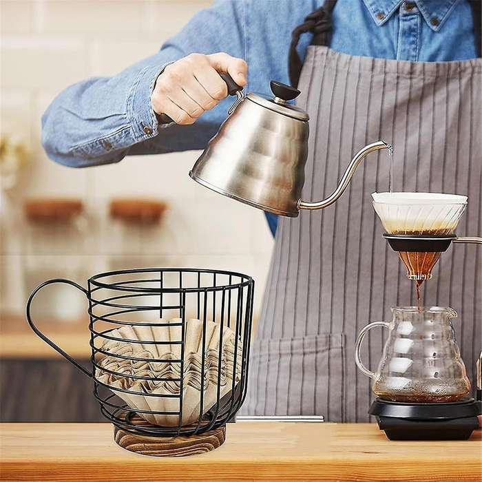 Coffee Filter Holder with Lid, Coffee Filters Storage, Wooden Coffee Filter Container Basket, Round