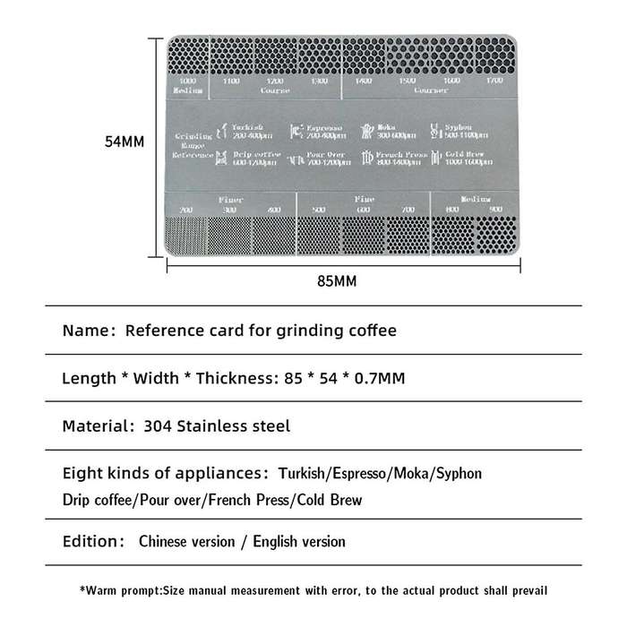 Coffee Powder Grinding Thickness Reference Comparison Card Grinder Grinding Powder Thickness Compari