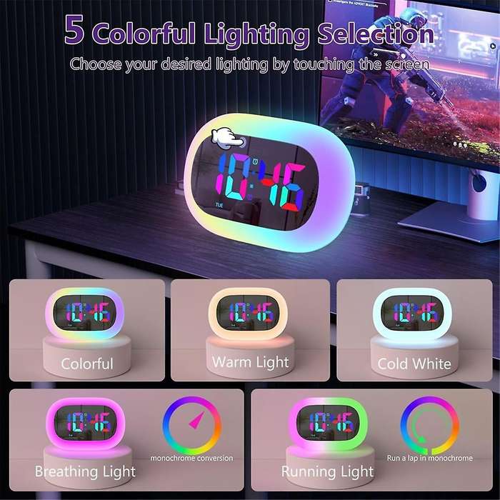 Colorful LED Digital Alarm Clock Bedrooms RGB Mirror Digital Alarm Desk Clock with Touch Snooze and
