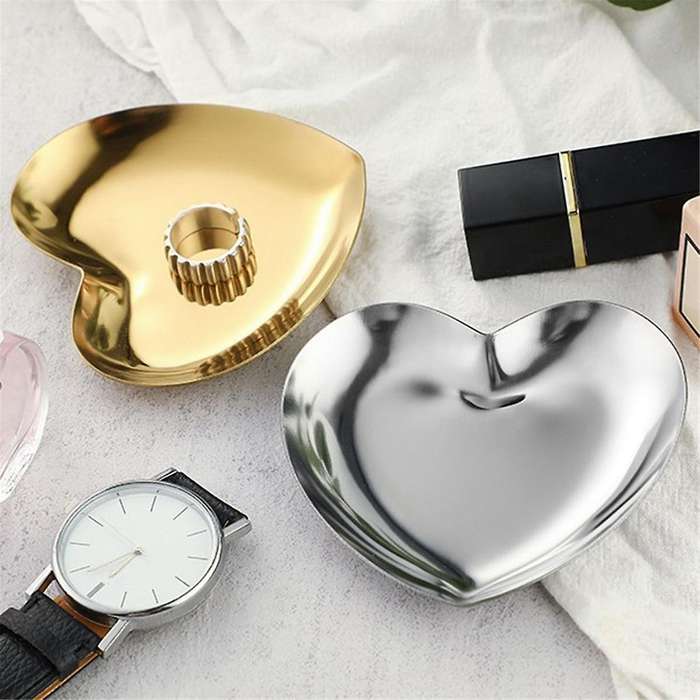 Colorful Stainless Steel Storage Mirror Tray Heart Shape Fruit Plate Small Items Jewelry Display Tra