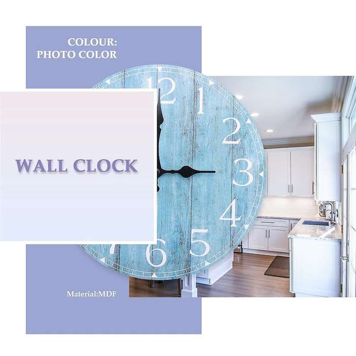 Wall Clock,10 Inch Teal Silent Non-ticking Kitchen Clock Decor, Country Retro Decorative Wall Clock