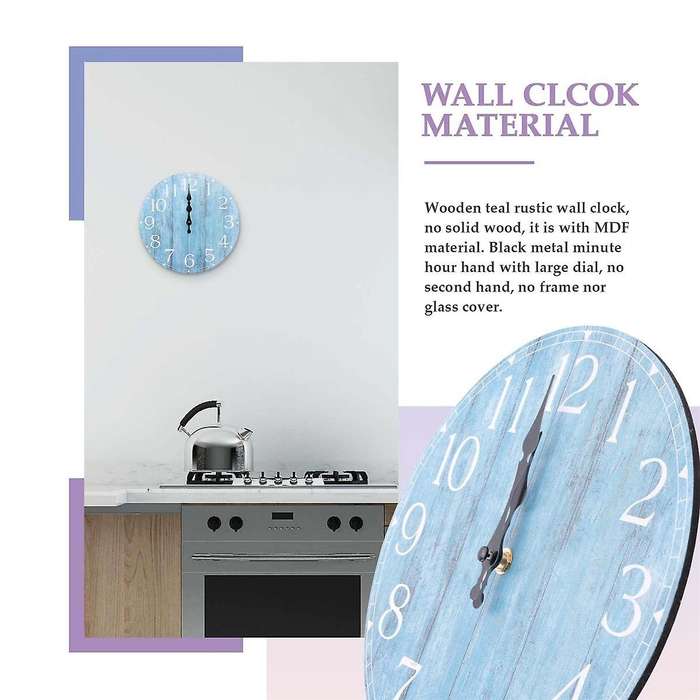 Wall Clock,10 Inch Teal Silent Non-ticking Kitchen Clock Decor, Country Retro Decorative Wall Clock