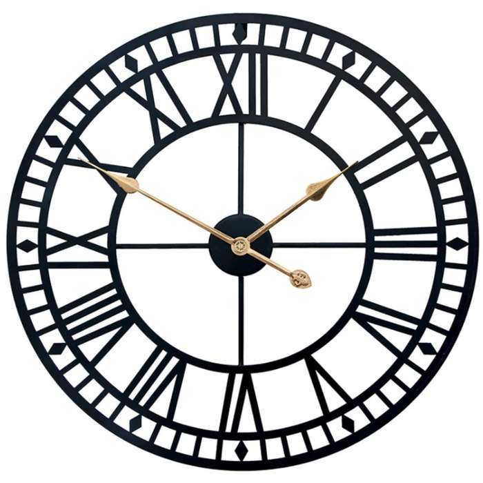 Wall Clock,Retro Skeleton Black Metal Clock Ancient Roman Numeral Style Silent Quartz Movement Wall