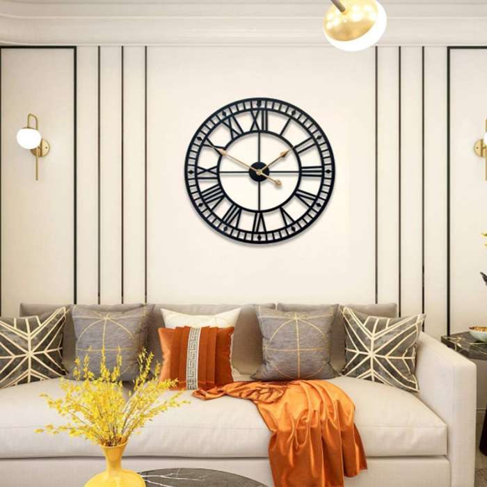 Wall Clock,Retro Skeleton Black Metal Clock Ancient Roman Numeral Style Silent Quartz Movement Wall