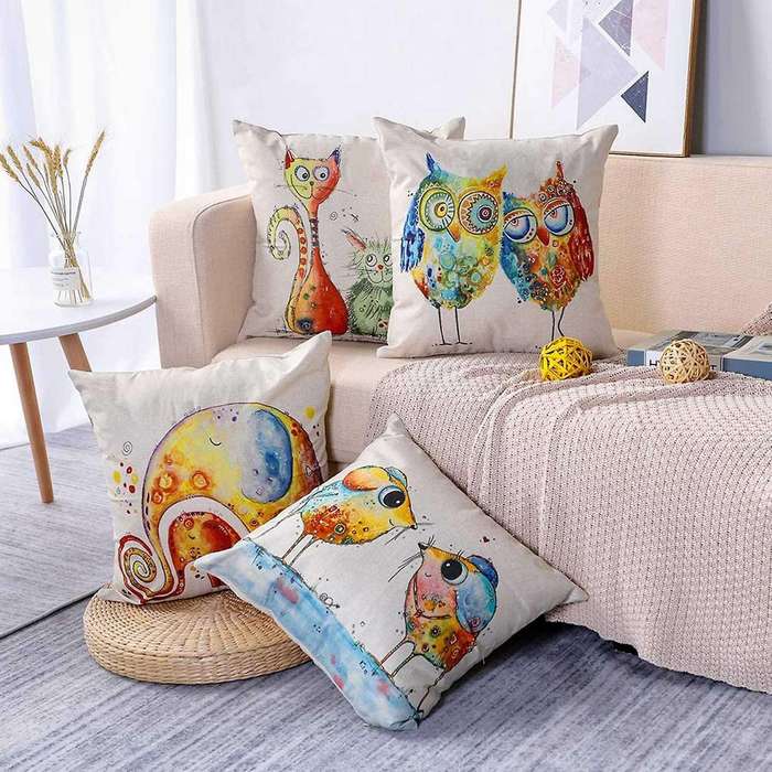 Watercolor Animal Cushion Covers Dog Pig Sofa Throw Pillow Case 45X45Cm Linen Pillowcases Decors Chi