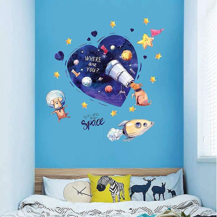 Watercolor Wandsticker Space Murals Wall Decal Baby Blue Room Planets Star Stickers Wall Decor for