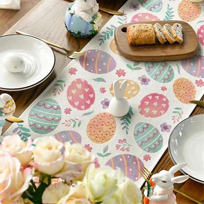 Watercolour Easter Eggs Table Runner, Seasonal Spring Kitchen Dining Table Decoration for Home Party