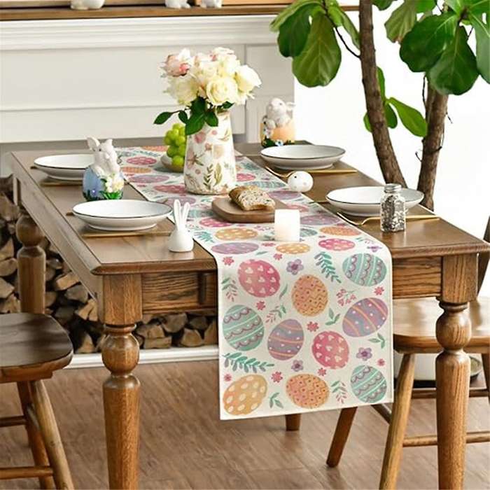 Watercolour Easter Eggs Table Runner, Seasonal Spring Kitchen Dining Table Decoration for Home Party