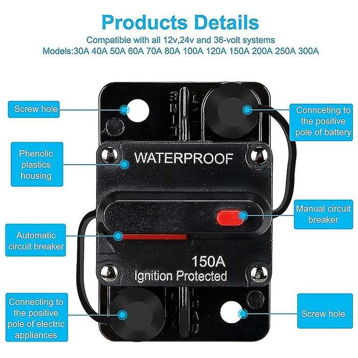 Waterproof Circuit Breaker,with Manual Reset,12v-48v Dc,150a,for Car Trolling Motors Boat Power