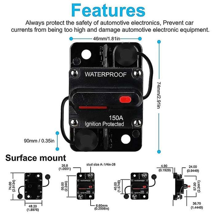 Waterproof Circuit Breaker,with Manual Reset,12v-48v Dc,150a,for Car Trolling Motors Boat Power