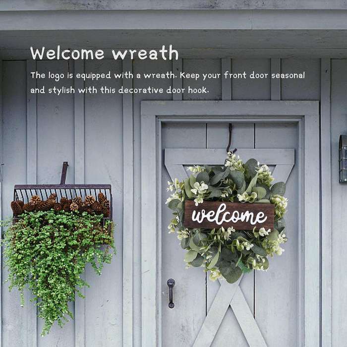 Welcome Sign with Garland Door Decoration Wooden Hanging Sign with Artificial Eucalyptus Farmhouse P