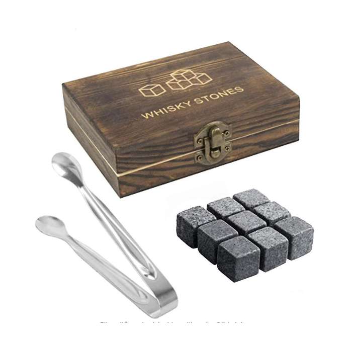 Whiskey Set 9 Granite Whiskey Rocks with Wooden Box Reusable Cooling Ice Cubes