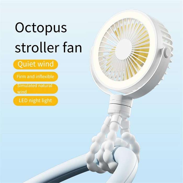 White Portable Rechargeable Baby Stroller Fan Clip-on Octopus Night Light Mini Personal Handheld Por