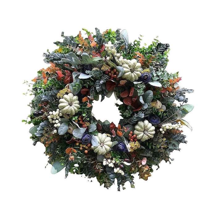 White Pumpkins Ranunculus Wreath Fall Decor for Front Door, Handmade Hydrangea Big White Pumpkin Wre