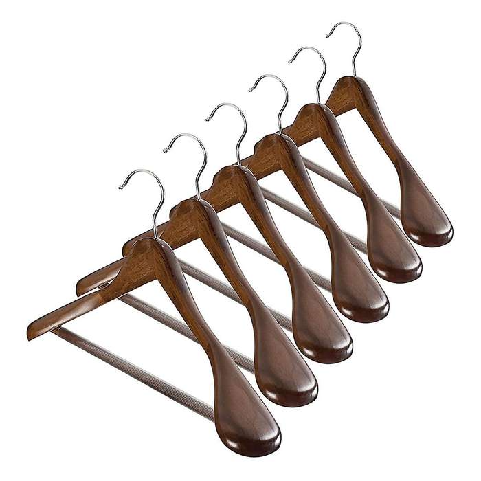 Wide Shoulder Wooden Hangers 6 Pack with Non Slip Pants Bar - Finish Solid Wood Suit Hanger Coat Ha