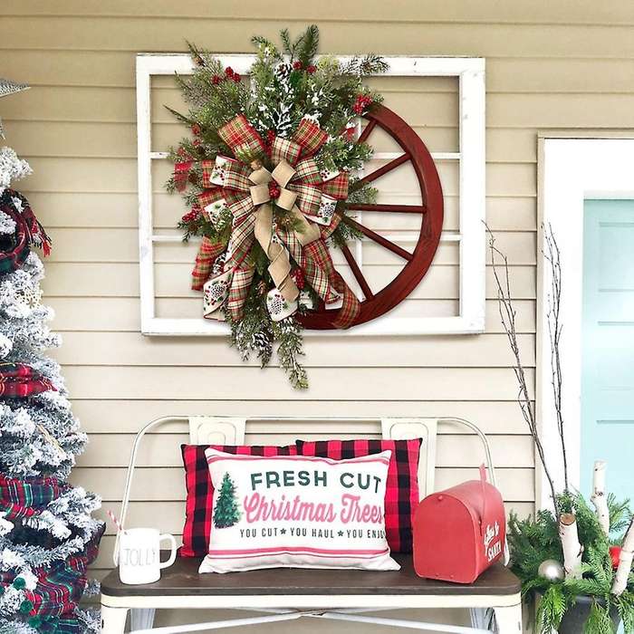 Winter Wreath Wagon Wheel Wreath Farmhouse Front Door Christmas Wreath Decorative Red Wagon Wheel W