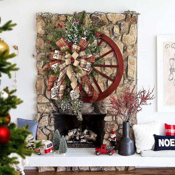 Winter Wreath Wagon Wheel Wreath Farmhouse Front Door Christmas Wreath Decorative Red Wagon Wheel W