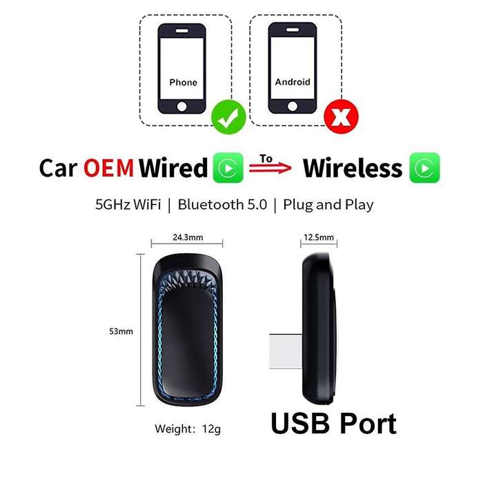 Wireless Carplay Adapter Smart Box Plug and Play Bluetooth WiFi Receiver for Wired Cars Carplay-USB