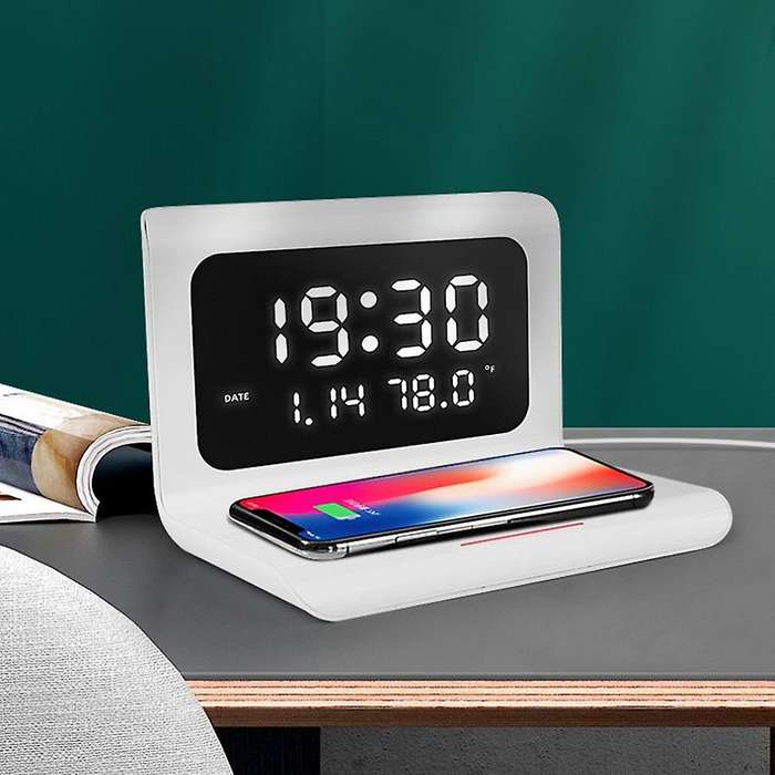Wireless Charger with Digital LED Electric Alarm Clock Desktop Digital Thermometer Clock HD Clock wi