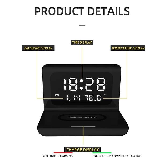 Wireless Charger with Digital LED Electric Alarm Clock Desktop Digital Thermometer Clock HD Clock wi