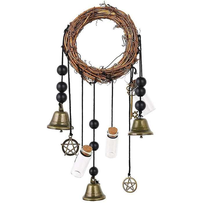 Witch Bells Protection Door Hanger Pentagram Witch Bells Wreath Handmade Wind Chimes Witch Rattan Be