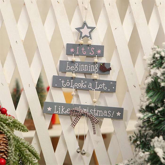 Wooden , Christmas Tree Shape Ornaments with Bell Wall Decor Sign Wall Art Crafts