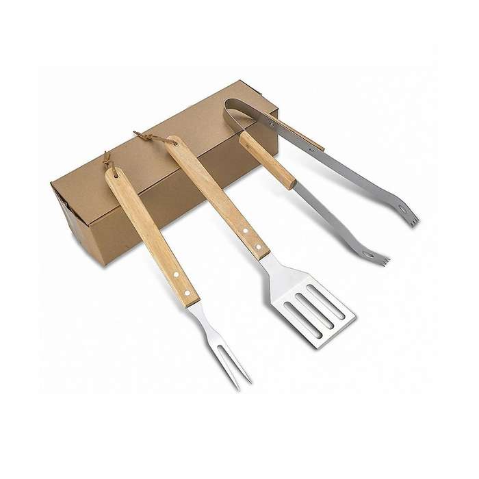 Wooden Handle Shovel Fork Outdoor Barbecue Tools BBQ Barbecue Set Grill Household Barbecue Clip , 3P